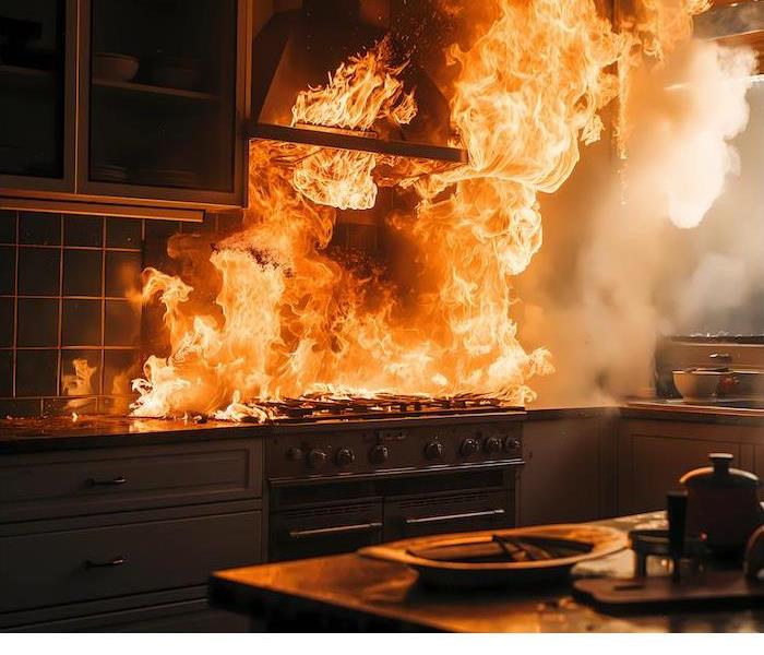 Intense fire consumes the cooking area in the kitchen.